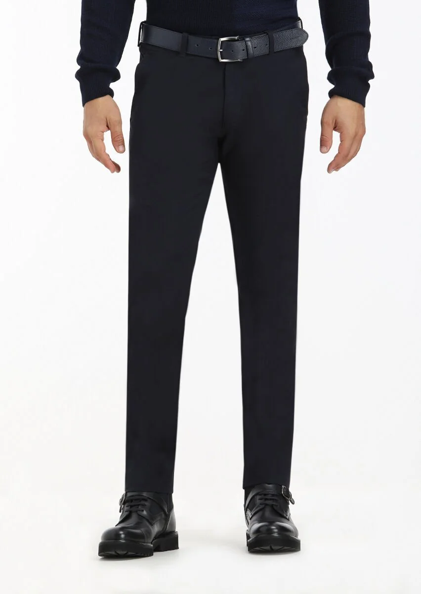 Lacivert Düz Dokuma Slim Fit Casual Pamuk Karışımlı Pantolon - 1