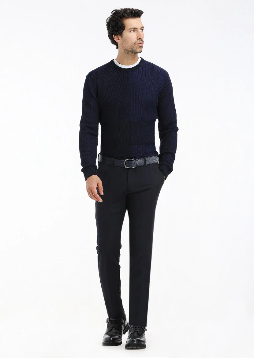Lacivert Düz Dokuma Slim Fit Casual Pamuk Karışımlı Pantolon - 2