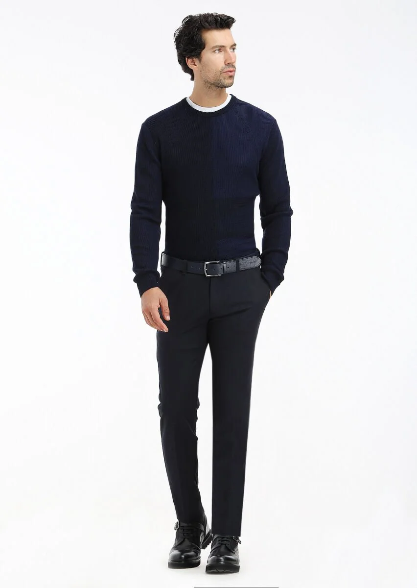 Lacivert Düz Dokuma Slim Fit Casual Pamuk Karışımlı Pantolon - 2