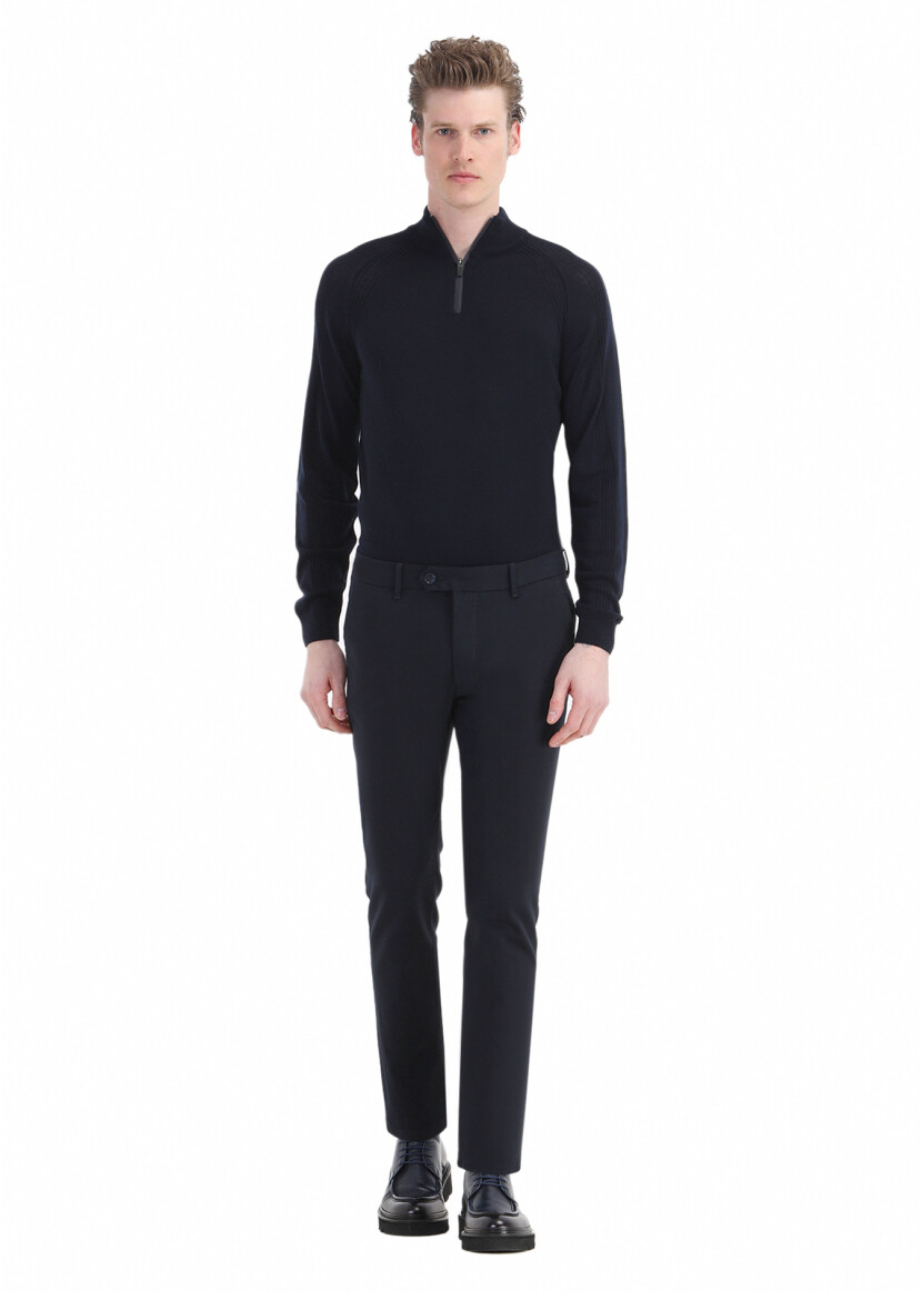 Lacivert Düz Dokuma Slim Fit Casual Pamuk Karışımlı Pantolon 