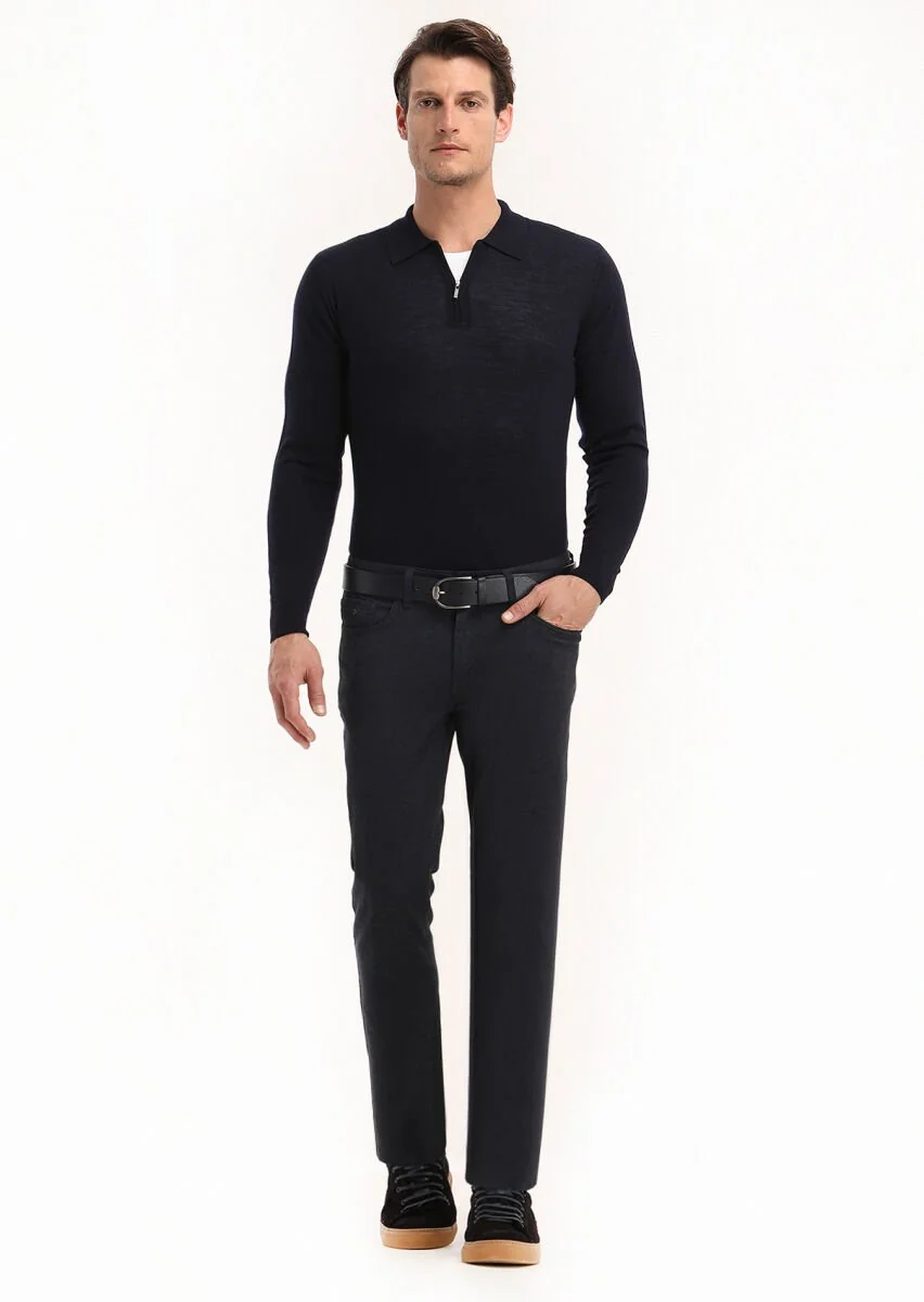 Lacivert Düz Dokuma Slim Fit Casual Pamuk Karışımlı Pantolon - 1