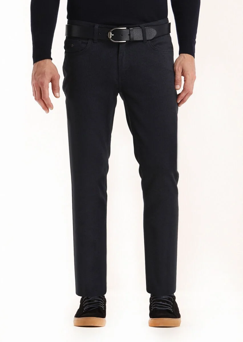 Lacivert Düz Dokuma Slim Fit Casual Pamuk Karışımlı Pantolon - 2