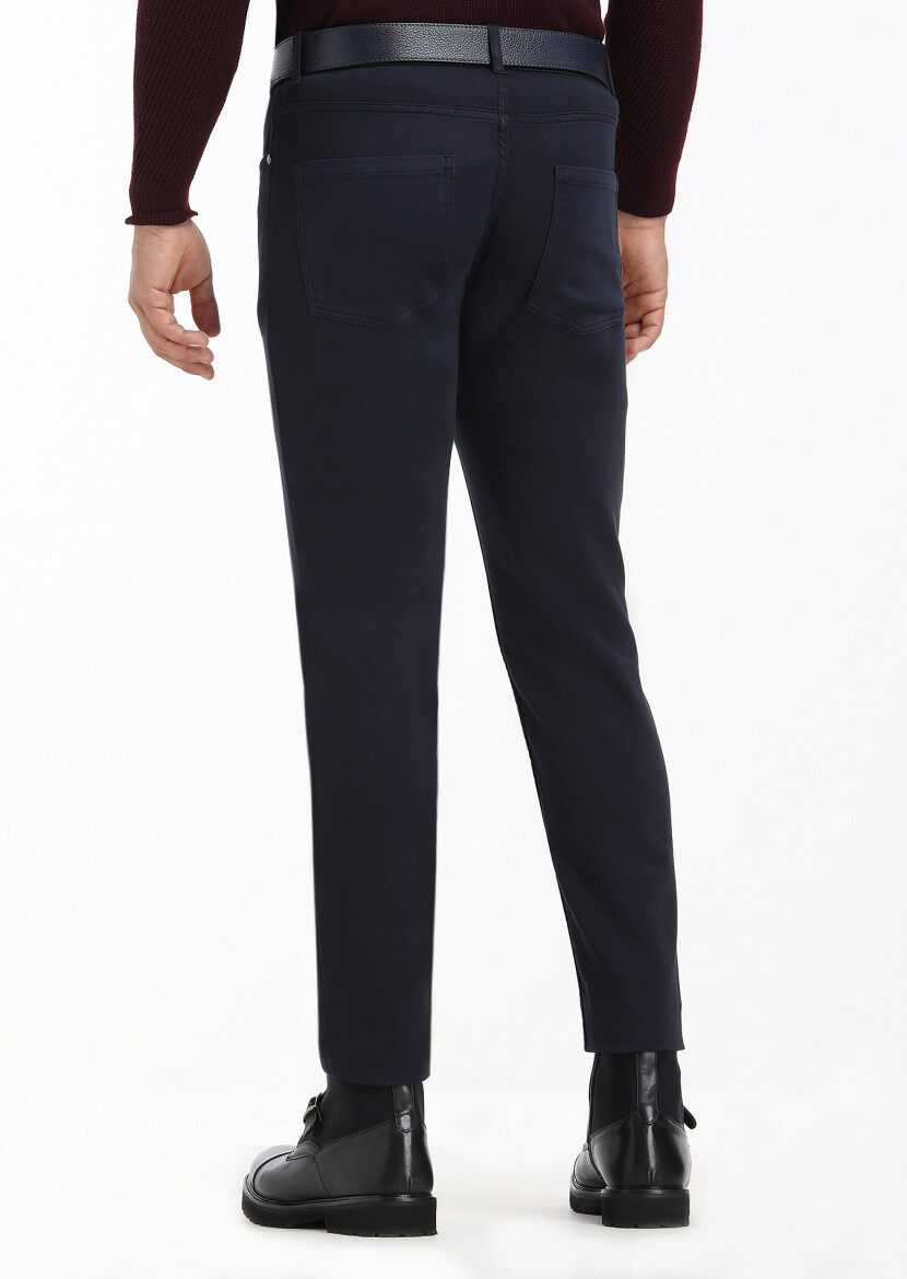 Lacivert Düz Dokuma Slim Fit Casual Pamuk Karışımlı Pantolon - 4