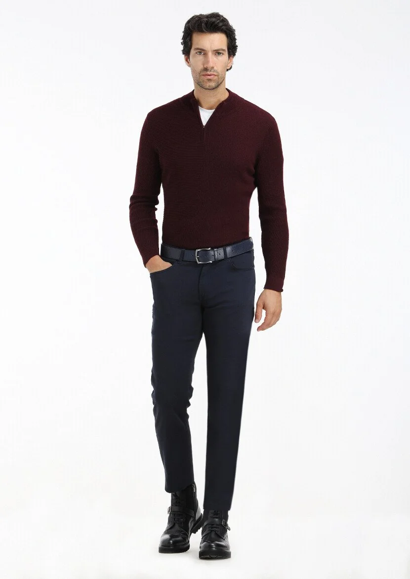 Lacivert Düz Dokuma Slim Fit Casual Pamuk Karışımlı Pantolon - 1