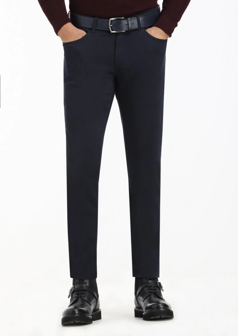 Lacivert Düz Dokuma Slim Fit Casual Pamuk Karışımlı Pantolon 