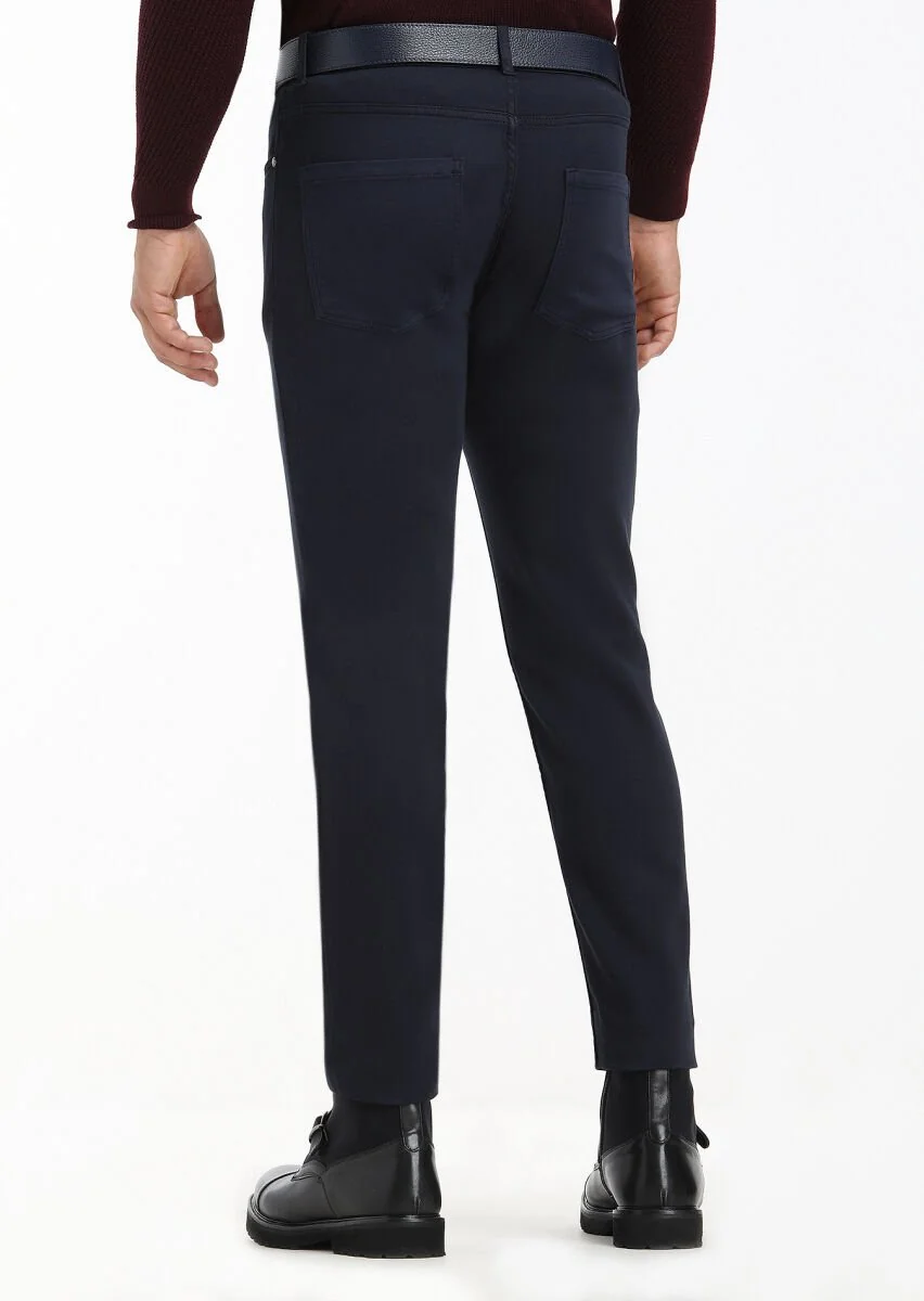 Lacivert Düz Dokuma Slim Fit Casual Pamuk Karışımlı Pantolon - 4
