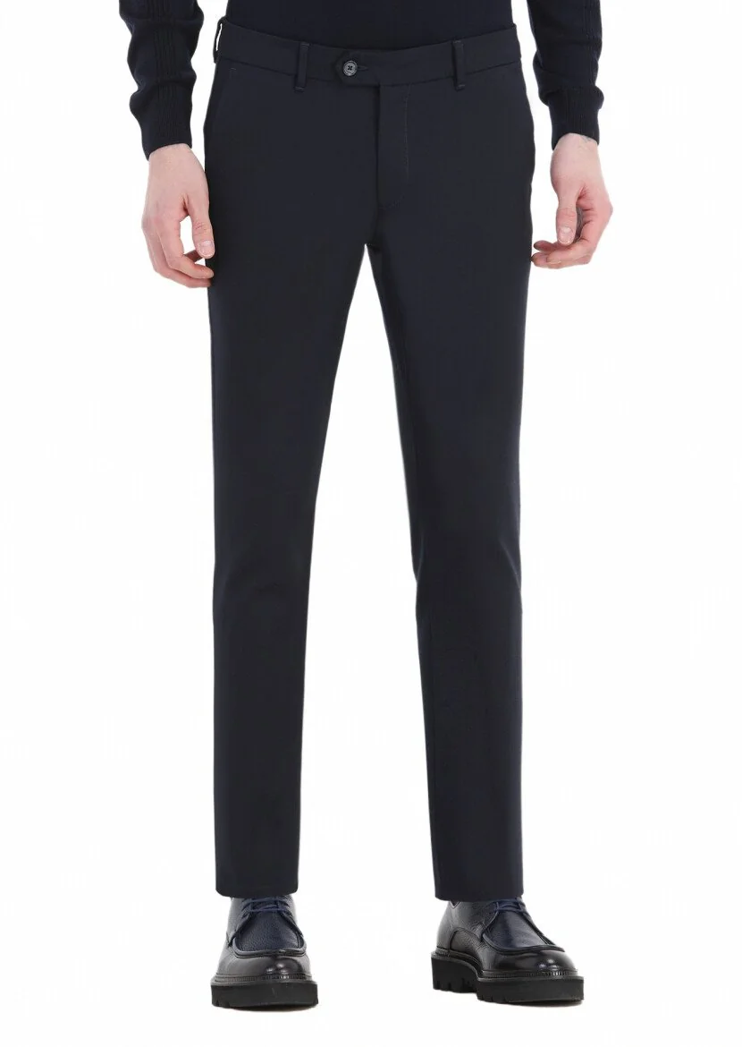 Lacivert Düz Dokuma Slim Fit Casual Pamuk Karışımlı Pantolon 