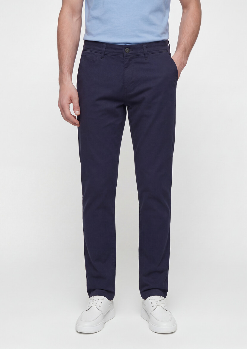 Lacivert Düz Dokuma Slim Fit Casual Pamuk Karışımlı Pantolon - 3