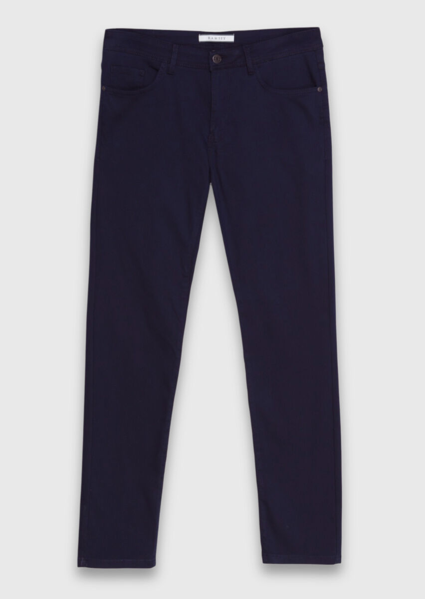 Lacivert Düz Dokuma Slim Fit Casual Pamuk Karışımlı Pantolon - 5