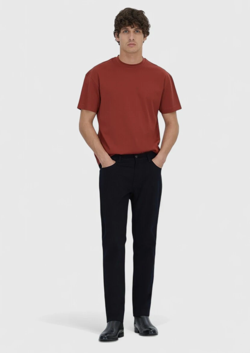 Lacivert Düz Dokuma Slim Fit Casual Pamuk Karışımlı Pantolon - 1
