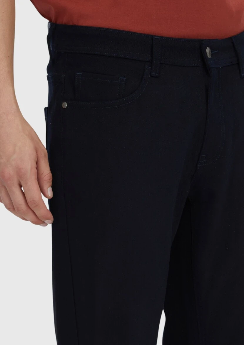 Lacivert Düz Dokuma Slim Fit Casual Pamuk Karışımlı Pantolon - 3