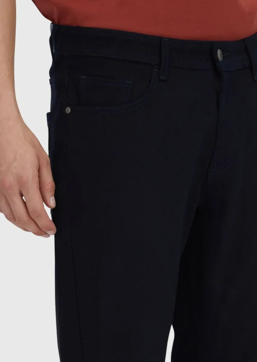 Lacivert Düz Dokuma Slim Fit Casual Pamuk Karışımlı Pantolon - 3