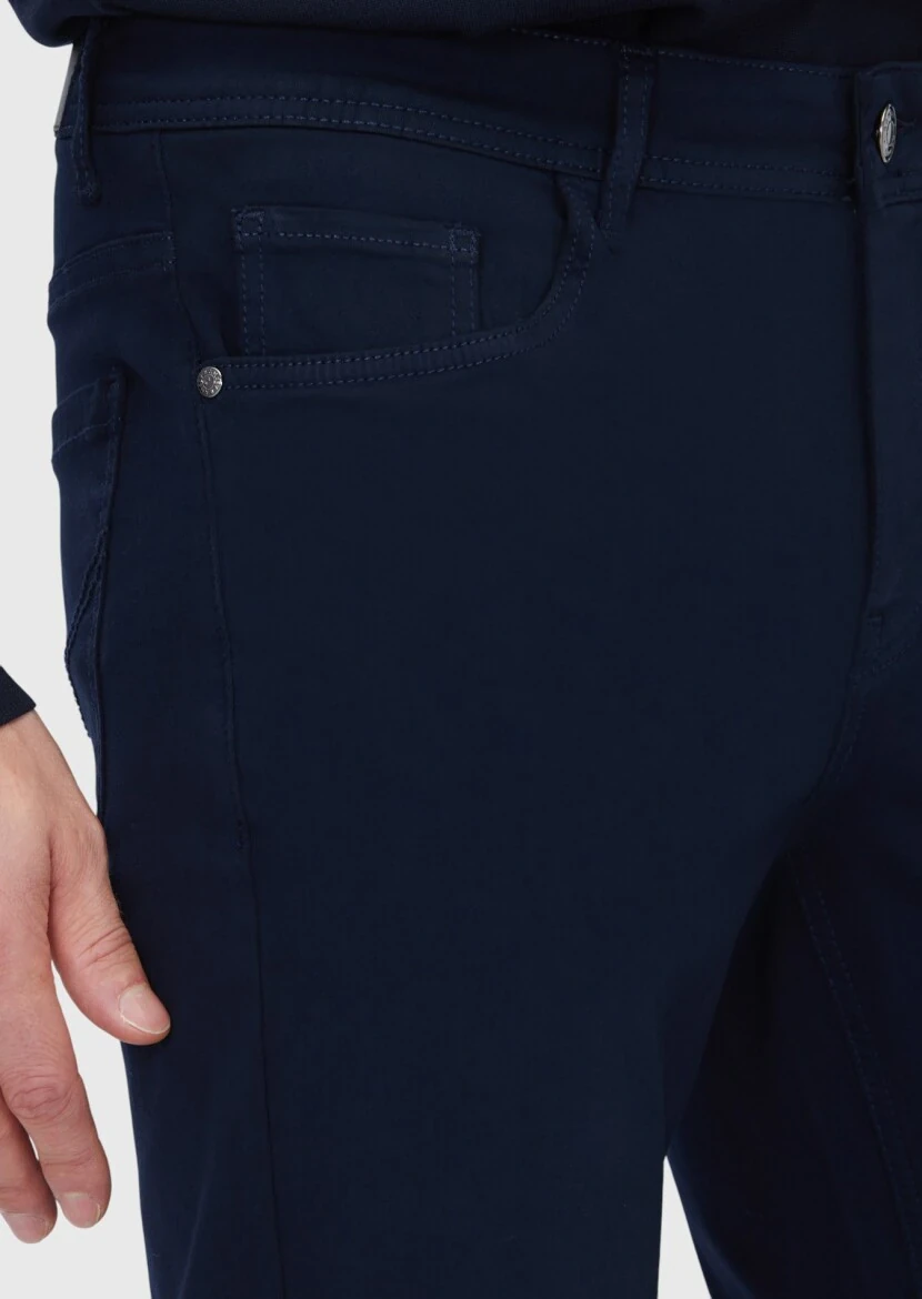 Lacivert Düz Dokuma Slim Fit Casual Pamuk Karışımlı Pantolon - 3