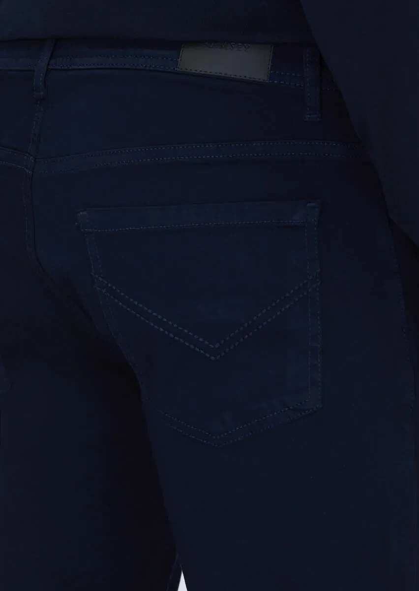 Lacivert Düz Dokuma Slim Fit Casual Pamuk Karışımlı Pantolon - 4