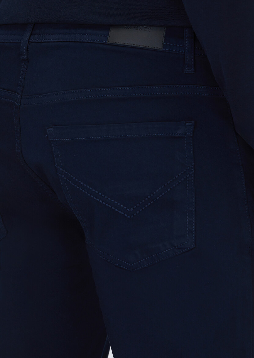 Lacivert Düz Dokuma Slim Fit Casual Pamuk Karışımlı Pantolon - 4