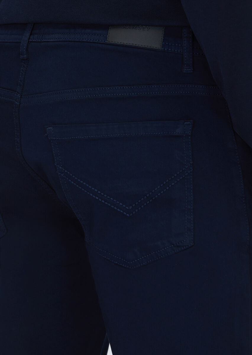 Lacivert Düz Dokuma Slim Fit Casual Pamuk Karışımlı Pantolon - 4