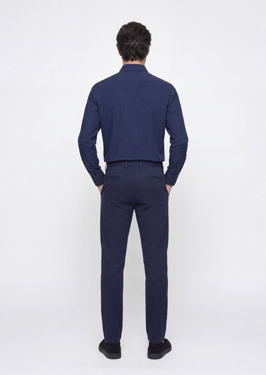 Lacivert Düz Dokuma Slim Fit Casual Pamuk Karışımlı Pantolon - 4