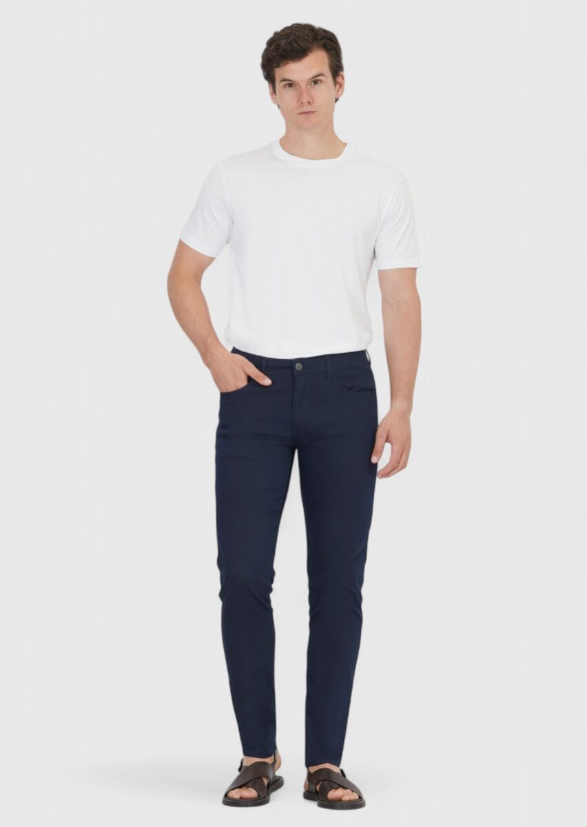 Lacivert Düz Dokuma Slim Fit Casual Pamuk Karışımlı Pantolon - 1