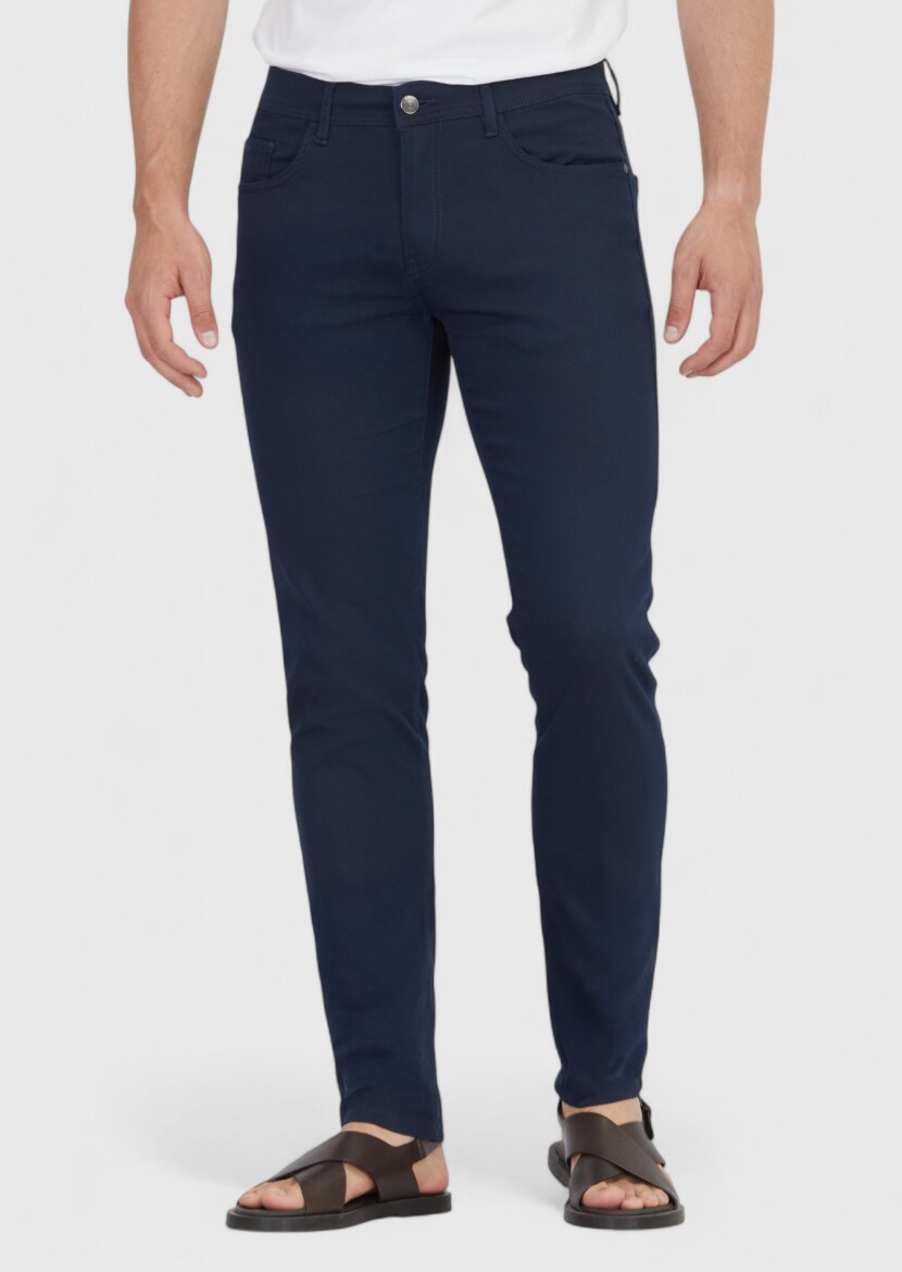 Lacivert Düz Dokuma Slim Fit Casual Pamuk Karışımlı Pantolon 