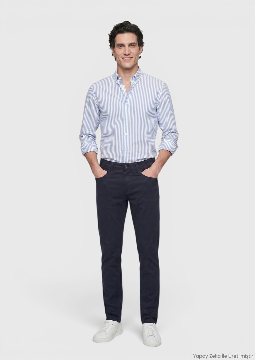 Lacivert Düz Dokuma Slim Fit Casual Pamuk Karışımlı Pantolon - RAMSEY