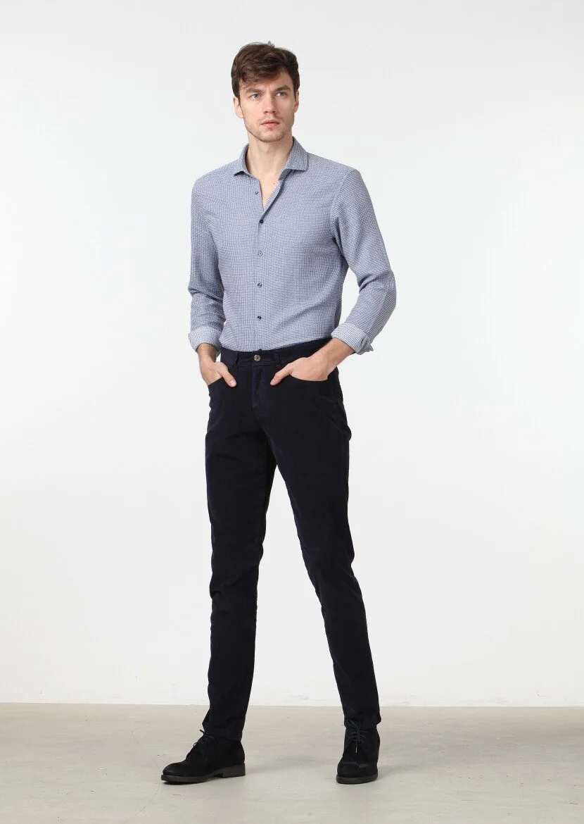 Lacivert Düz Dokuma Slim Fit Kadife Casual Pamuk Karışımlı Pantolon - 1