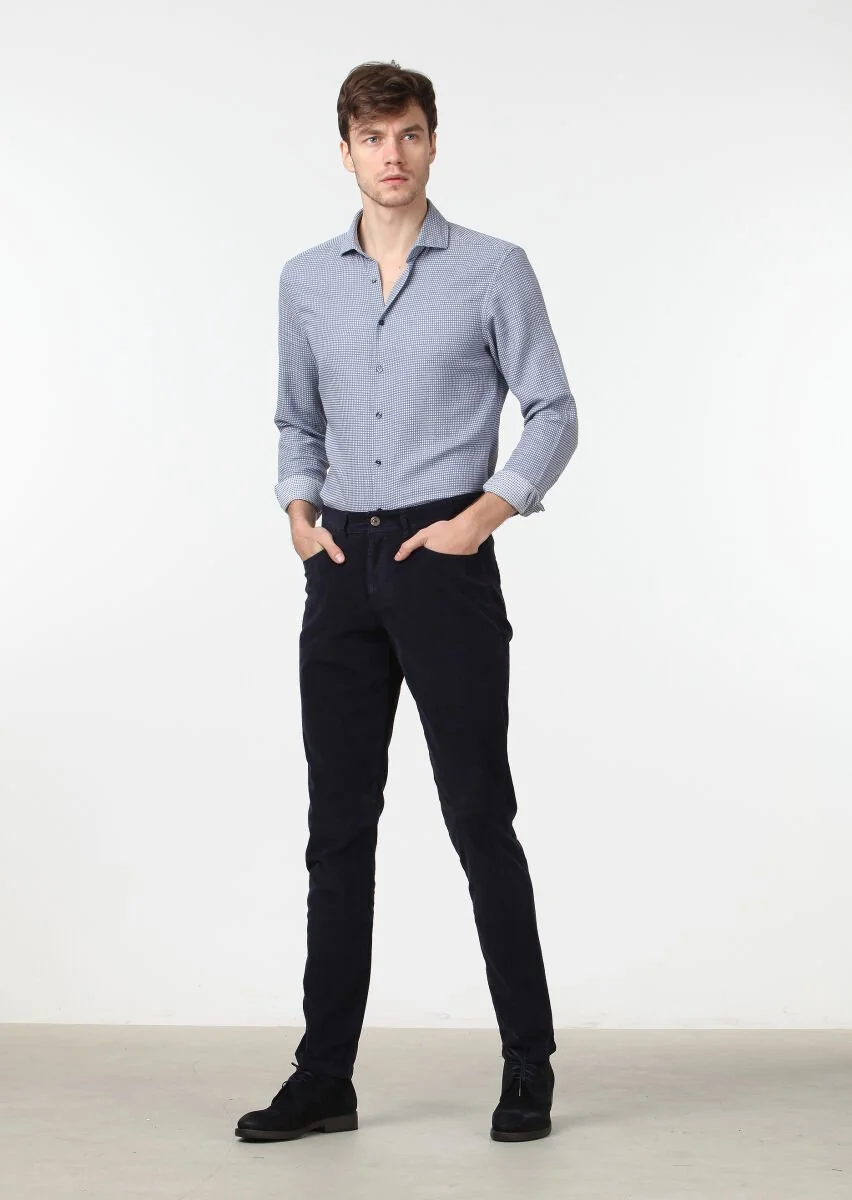 Lacivert Düz Dokuma Slim Fit Kadife Casual Pamuk Karışımlı Pantolon - 1