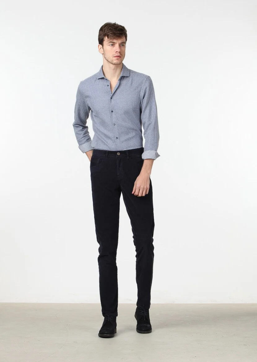 Lacivert Düz Dokuma Slim Fit Kadife Casual Pamuk Karışımlı Pantolon - 2