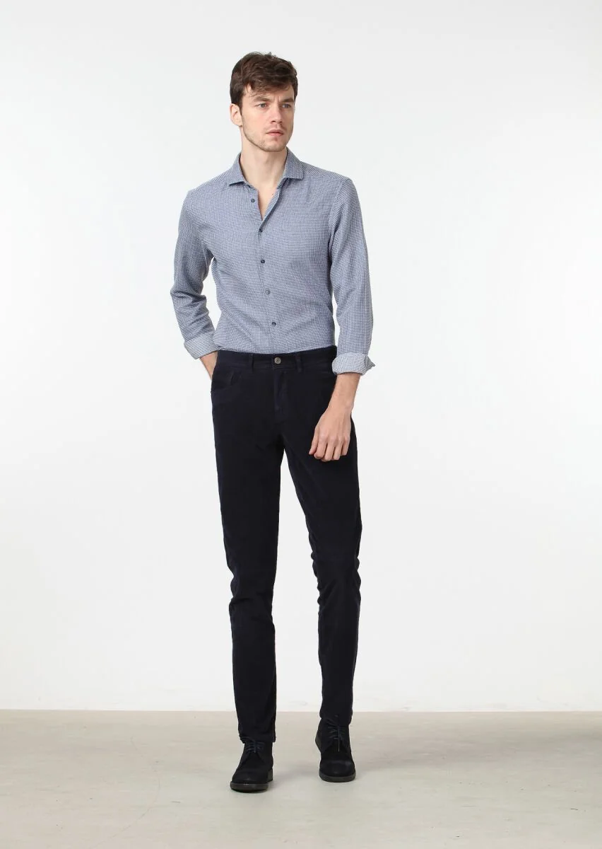 Lacivert Düz Dokuma Slim Fit Kadife Casual Pamuk Karışımlı Pantolon - 2