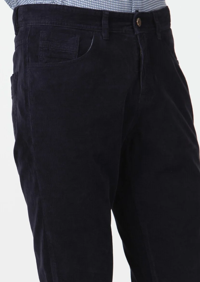 Lacivert Düz Dokuma Slim Fit Kadife Casual Pamuk Karışımlı Pantolon - 3