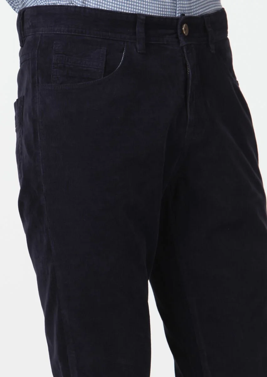 Lacivert Düz Dokuma Slim Fit Kadife Casual Pamuk Karışımlı Pantolon - 3