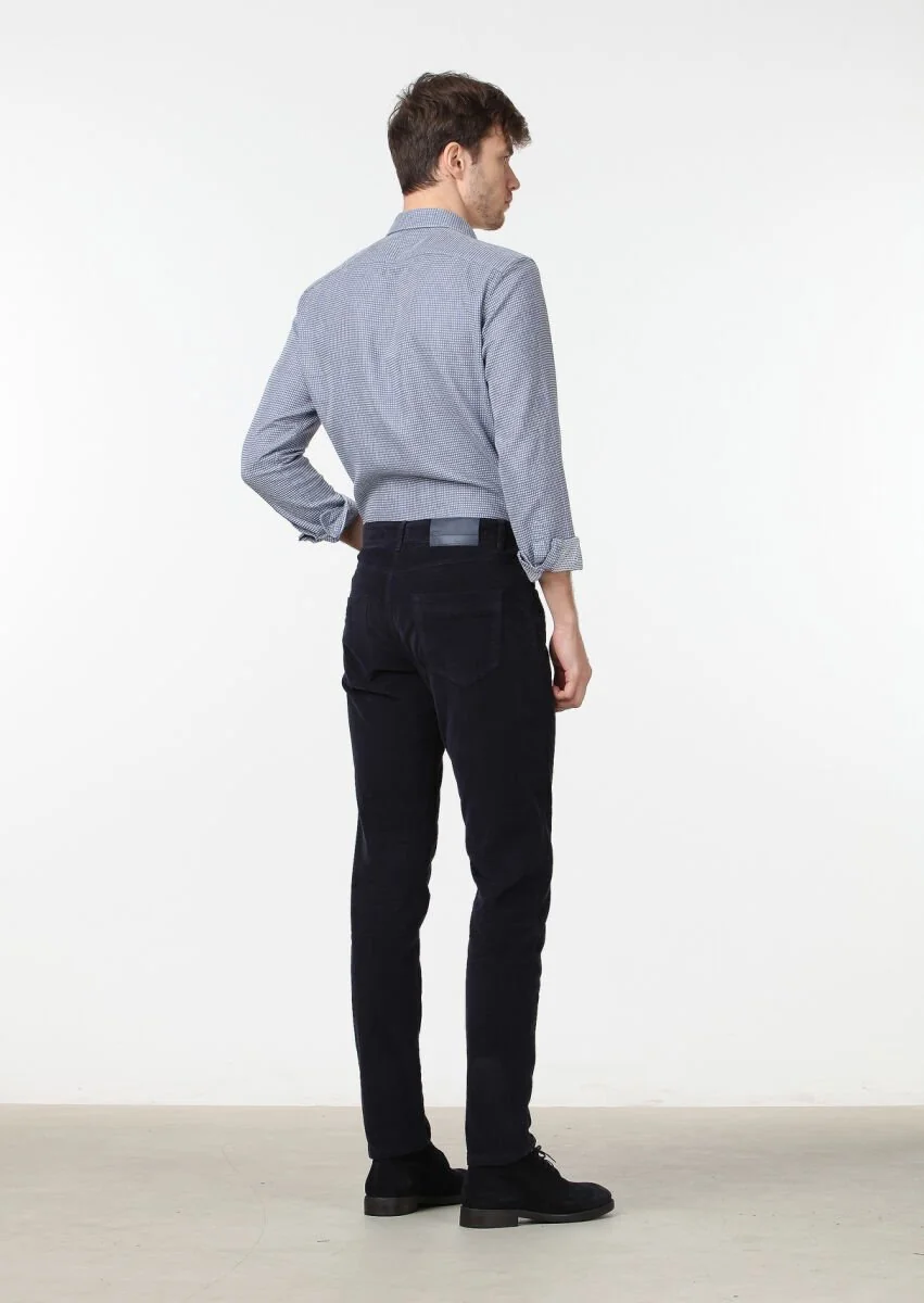 Lacivert Düz Dokuma Slim Fit Kadife Casual Pamuk Karışımlı Pantolon - 4