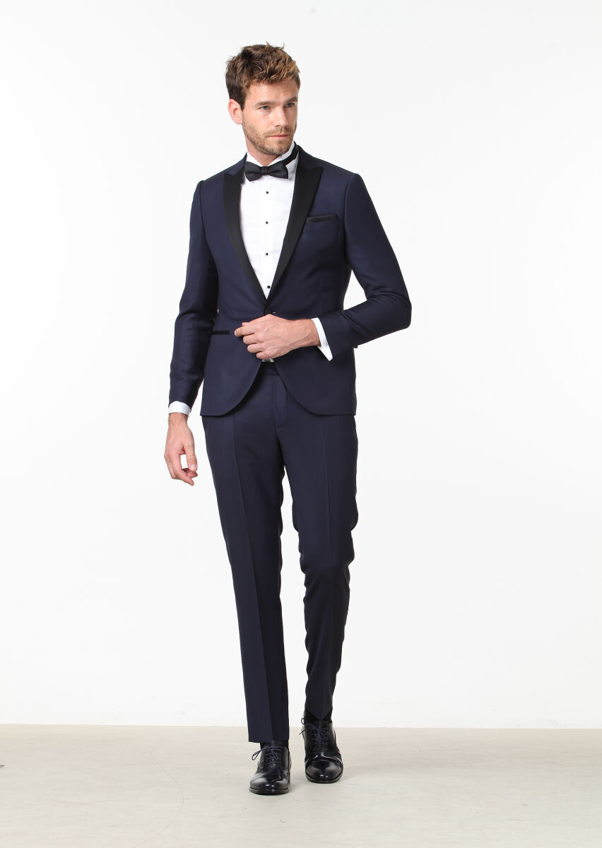 Lacivert Düz Fashion Slim Fit Kruvaze Yaka Dokuma Smokin Takım Elbise - 1