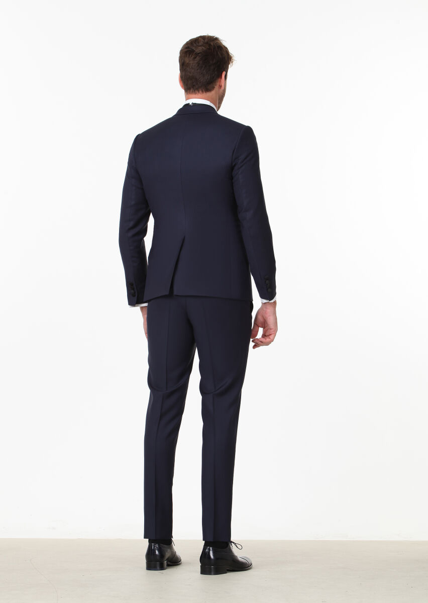 Lacivert Düz Fashion Slim Fit Kruvaze Yaka Dokuma Smokin Takım Elbise - 3