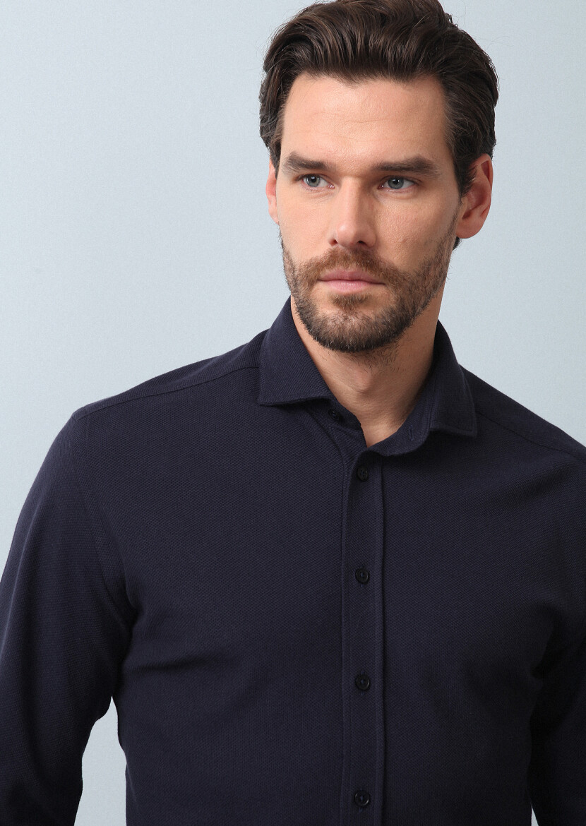 Lacivert Düz Fitted Fit Uzun Casual %100 Pamuk Gömlek 