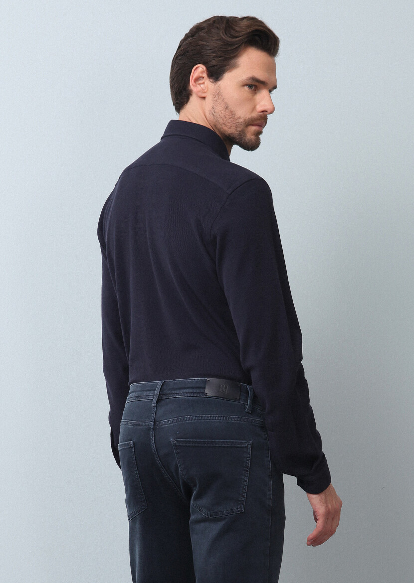 Lacivert Düz Fitted Fit Uzun Casual %100 Pamuk Gömlek - 5