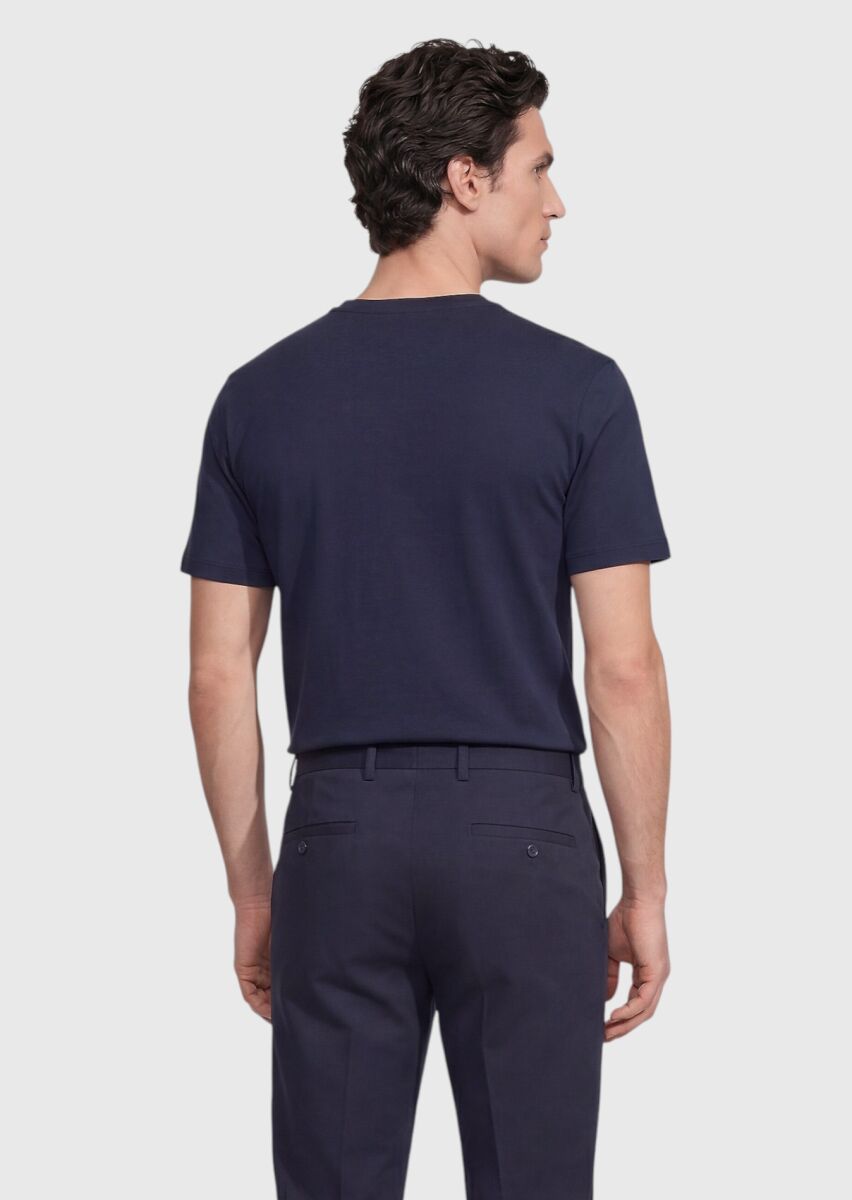 Lacivert Düz İpek Karışımlı T-Shirt - 5