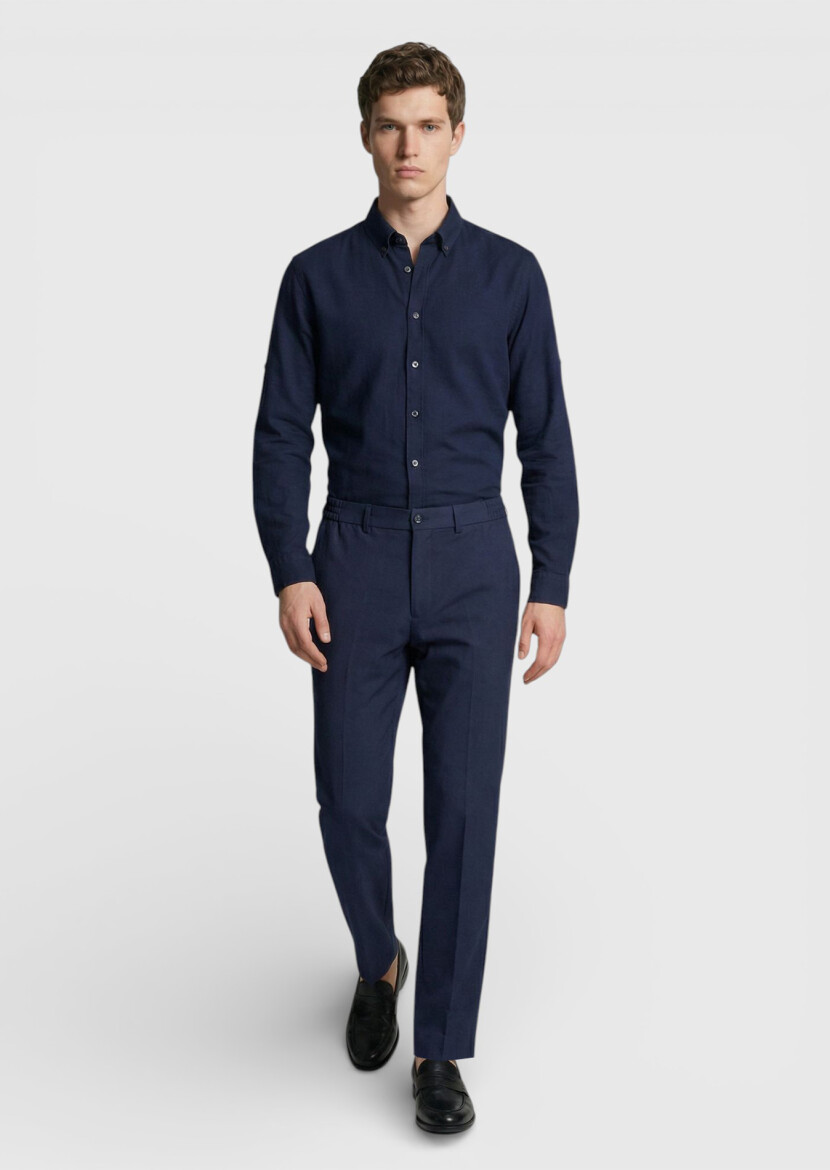 Lacivert Düz Kumaş Comfort Fit Klasik %100 Yün Pantolon - 2