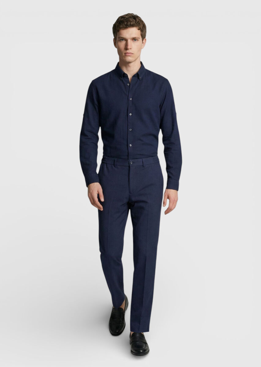 Lacivert Düz Kumaş Comfort Fit Klasik %100 Yün Pantolon - 2