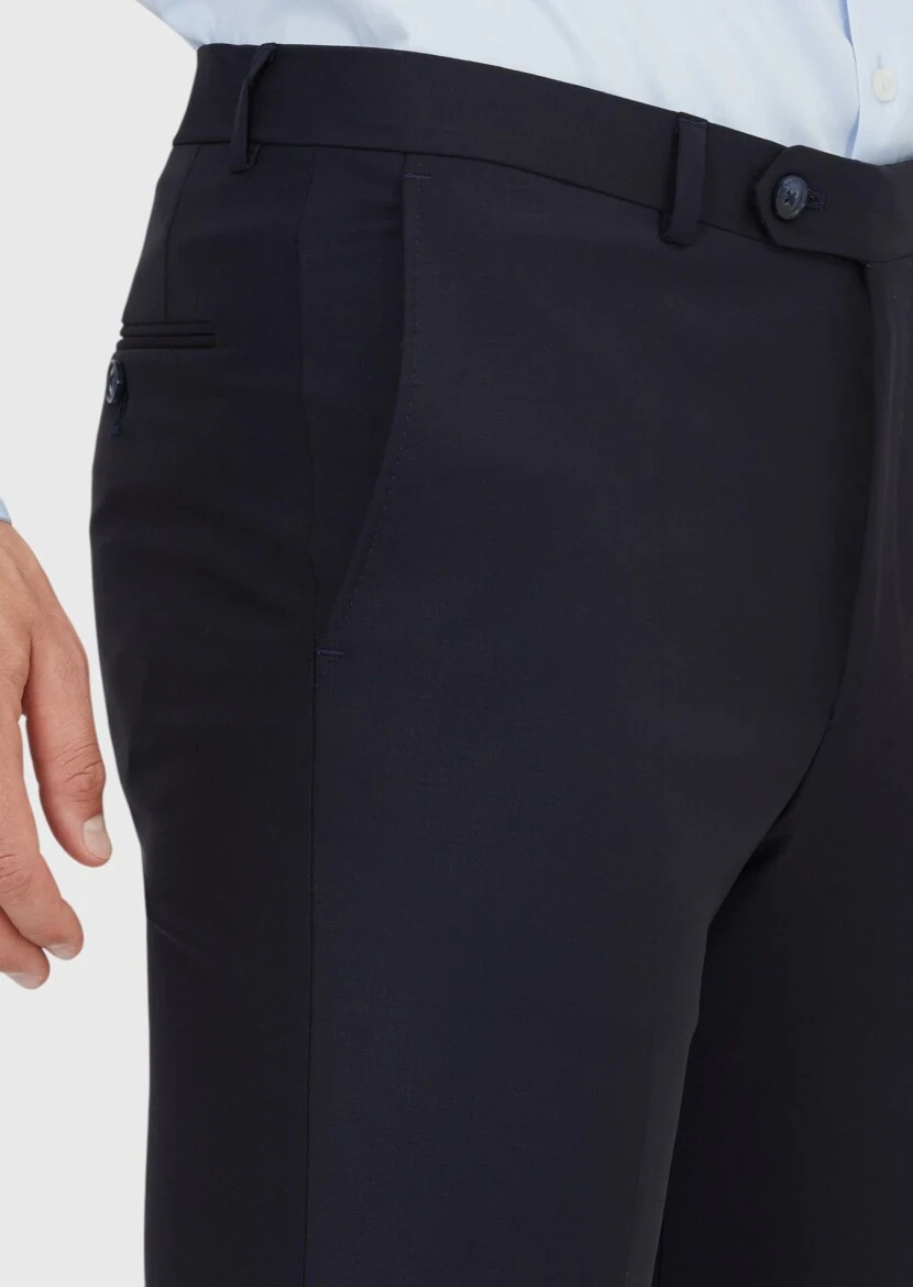 Lacivert Düz Kumaş Modern Fit Klasik Yün Karışımlı Pantolon - 3