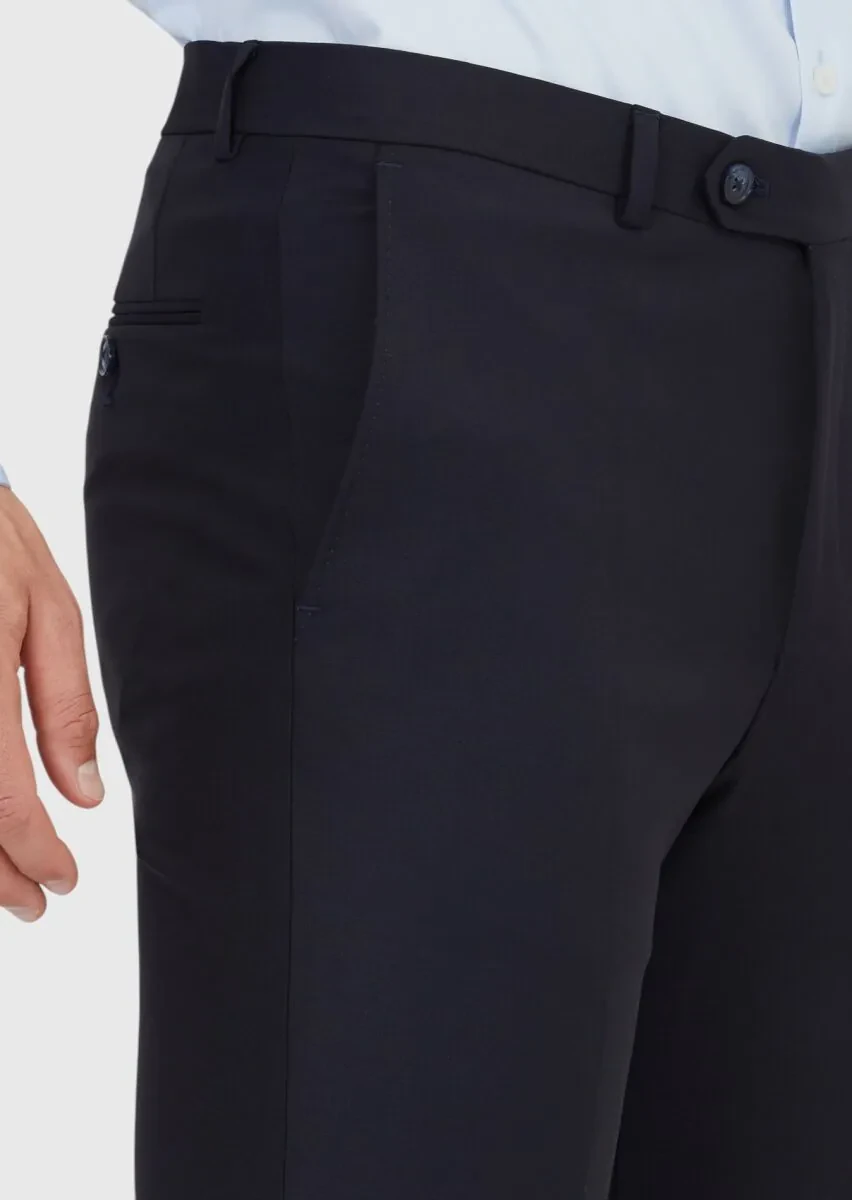 Lacivert Düz Kumaş Modern Fit Klasik Yün Karışımlı Pantolon - 3