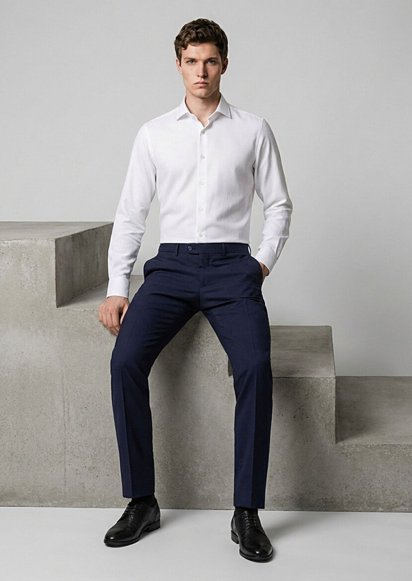 Lacivert Düz Kumaş Modern Fit Klasik Yün Karışımlı Pantolon 