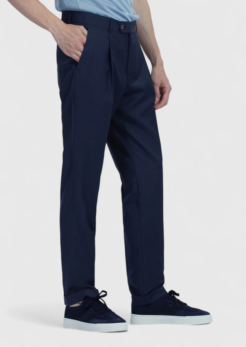 Lacivert Düz Kumaş Slim Fit Casual %100 Yün Pantolon - 3