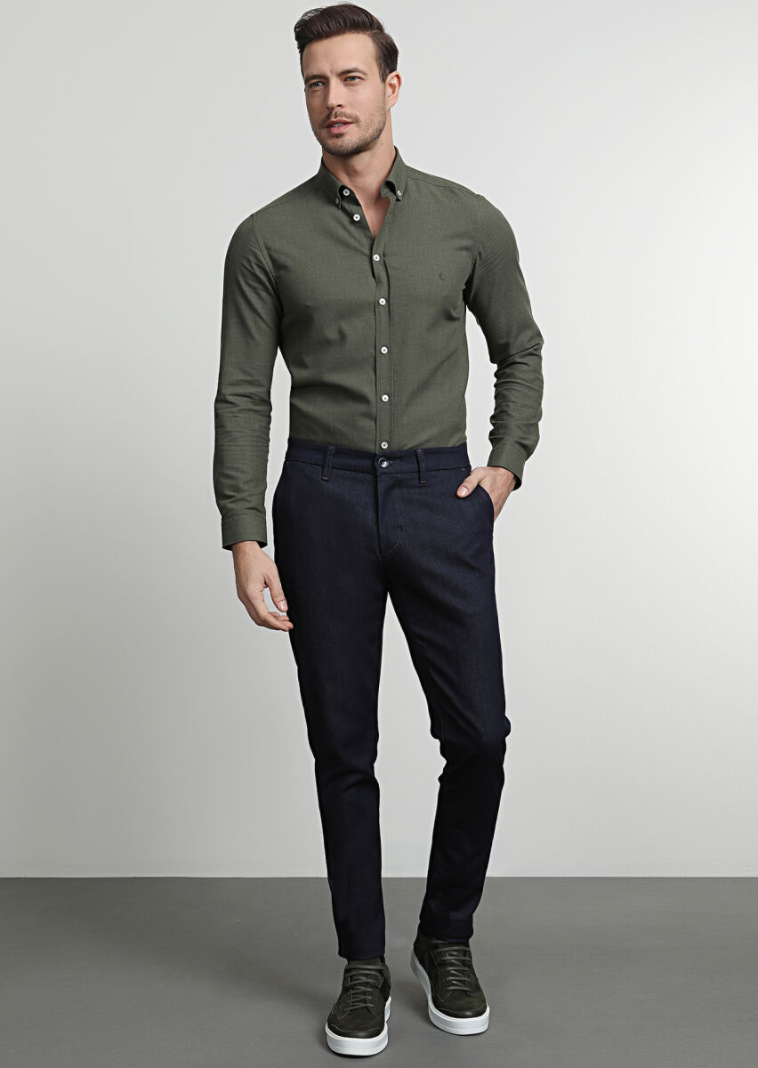 Lacivert Düz Kumaş Slim Fit Casual Pamuk Karışımlı Pantolon - 1