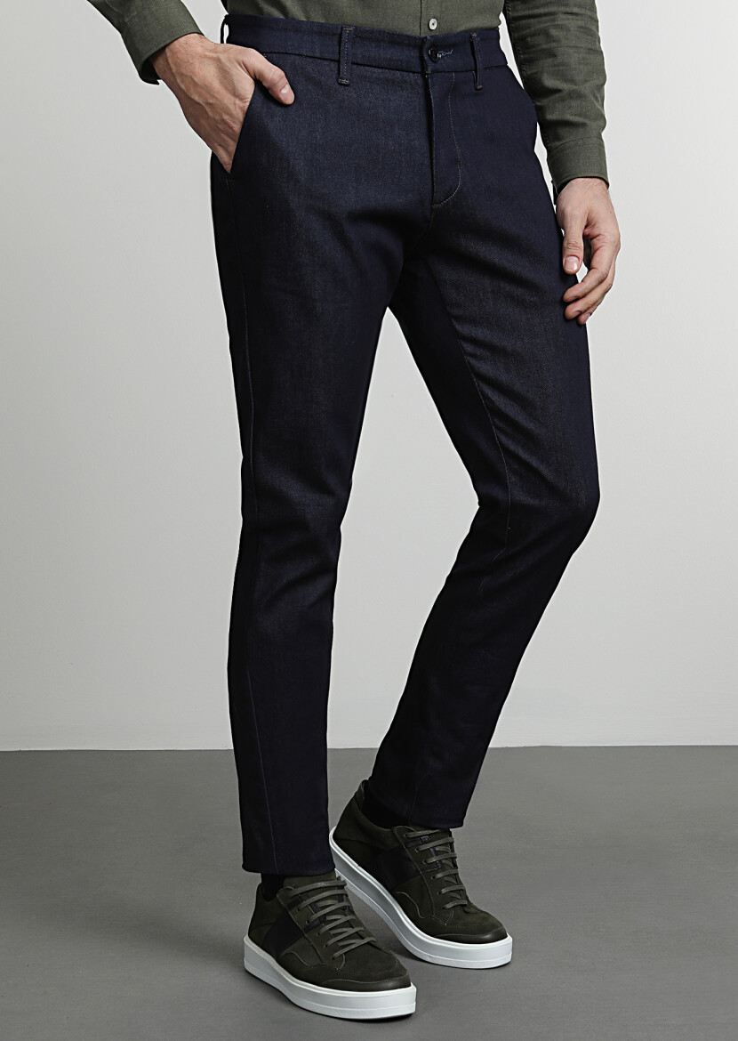 Lacivert Düz Kumaş Slim Fit Casual Pamuk Karışımlı Pantolon - 3