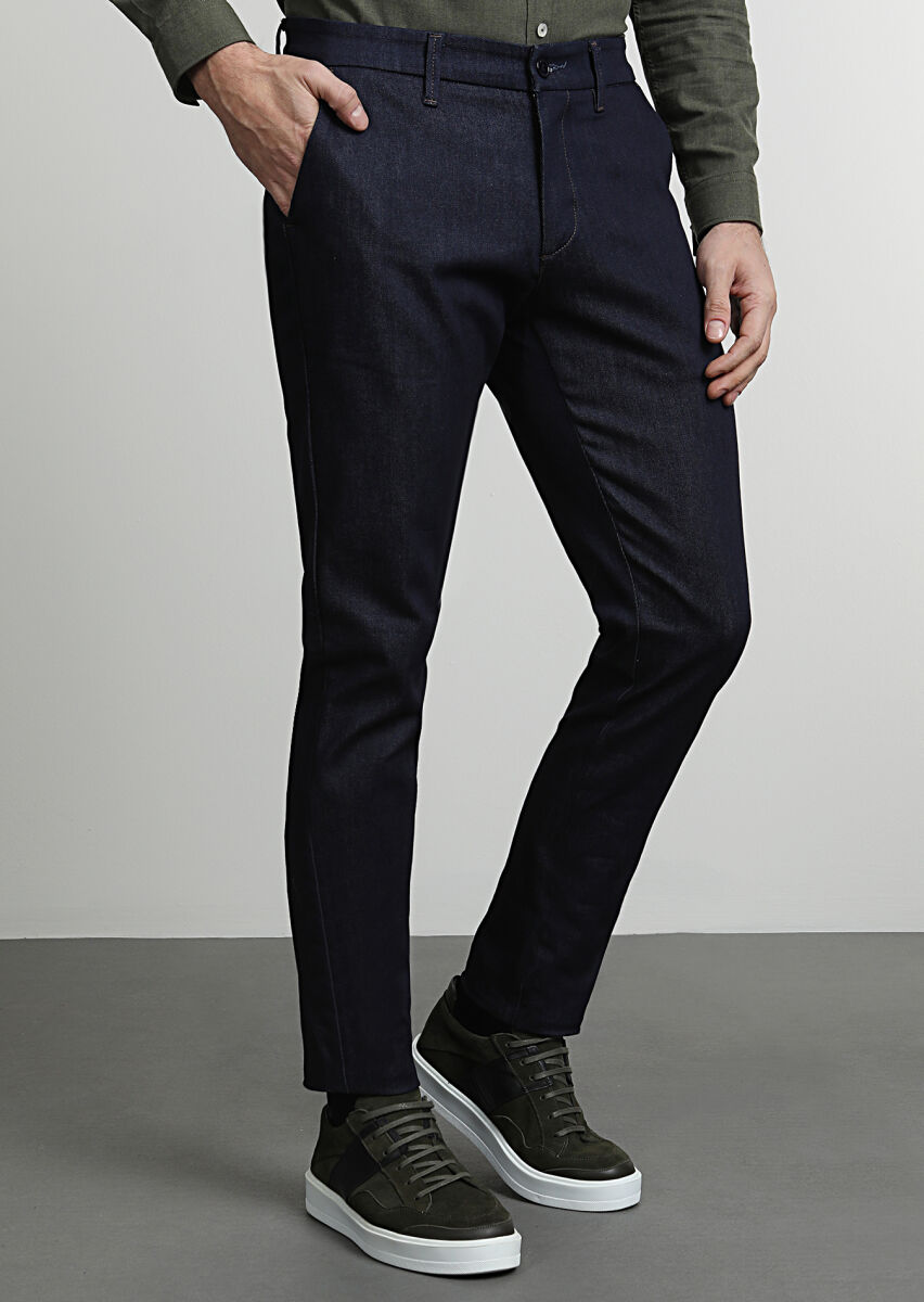 Lacivert Düz Kumaş Slim Fit Casual Pamuk Karışımlı Pantolon - 3