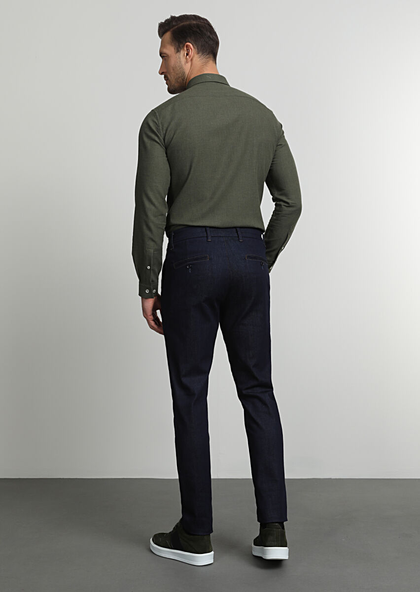 Lacivert Düz Kumaş Slim Fit Casual Pamuk Karışımlı Pantolon - 4
