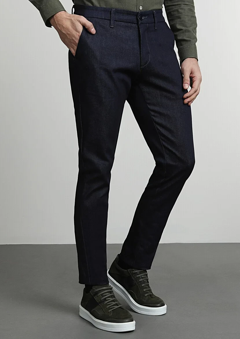 Lacivert Düz Kumaş Slim Fit Casual Pamuk Karışımlı Pantolon - 3