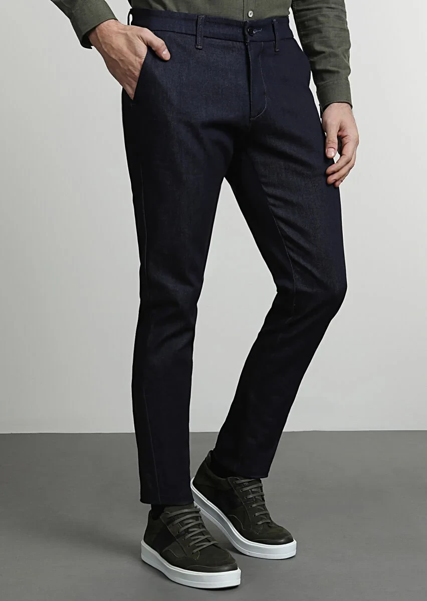 Lacivert Düz Kumaş Slim Fit Casual Pamuk Karışımlı Pantolon - 3