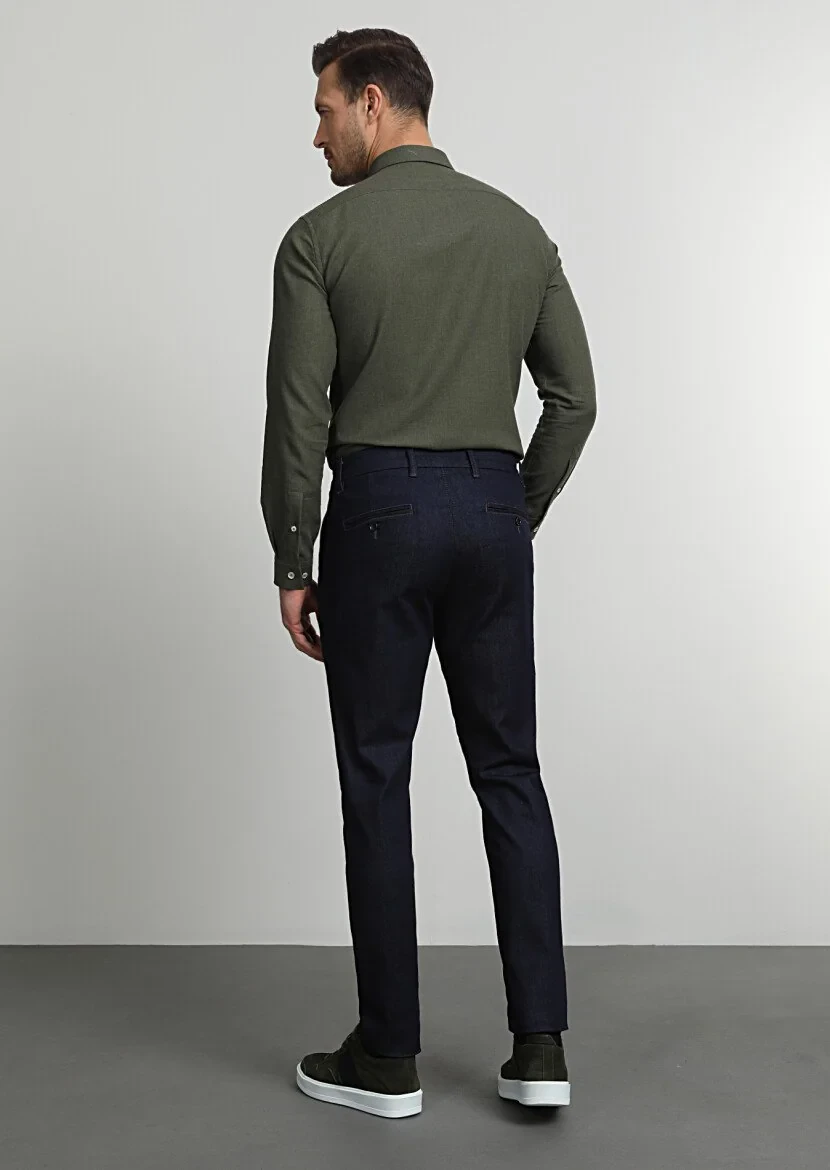 Lacivert Düz Kumaş Slim Fit Casual Pamuk Karışımlı Pantolon - 4