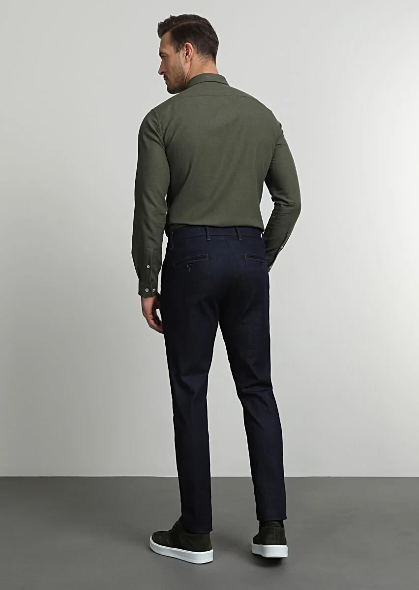 Lacivert Düz Kumaş Slim Fit Casual Pamuk Karışımlı Pantolon - 4